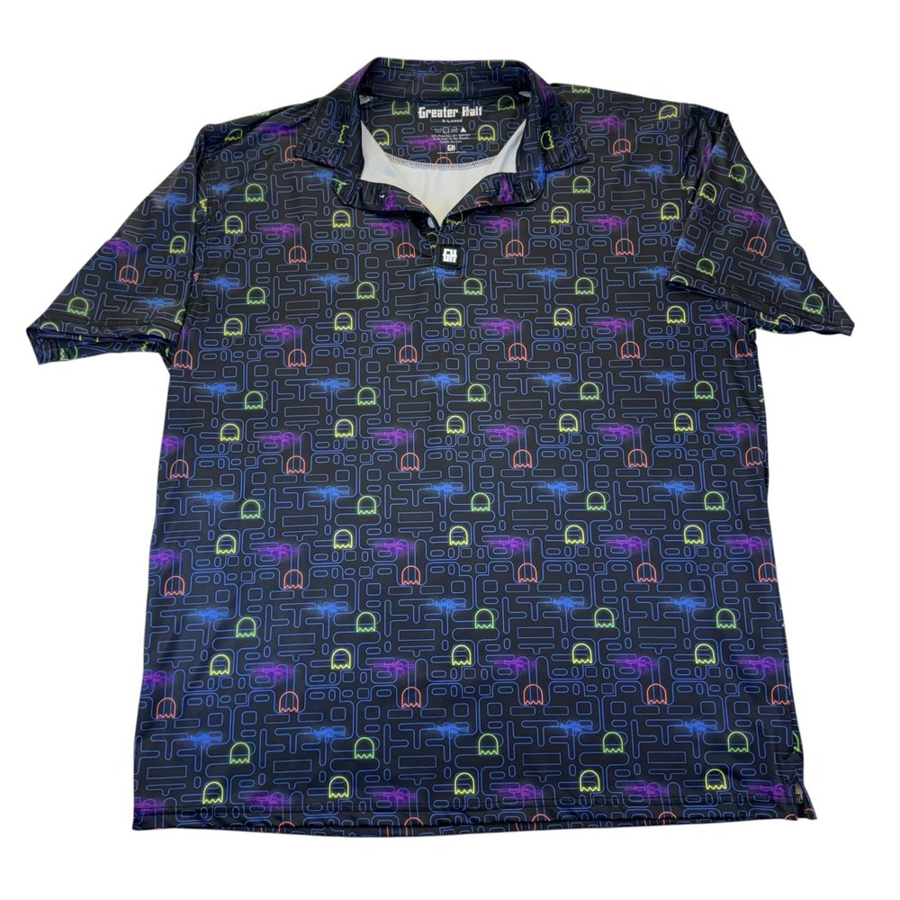 Greater Half Polo Mens XL Black Pac Man Print Performance Golf Stretch Shirt